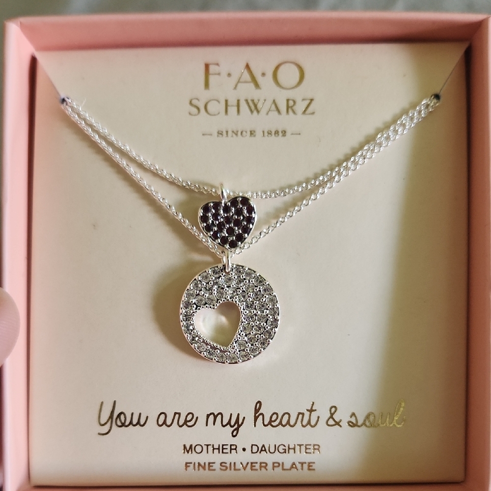 FAO Schwarz Silver Heart‎ and Circle Necklace, Mother And Daughter Set